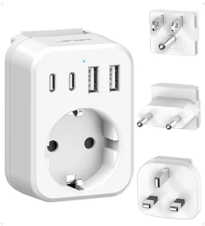 JSVER Adaptador Enchufe Universal con 3 Enchufes reemplazables Type B/G/C, Enchufe de Viaje con 2 USB y 2 USB C,Cargador para ESPAÑA a USA, UK,EU/Americano/Singapore/Canadá/México