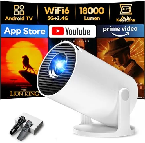 [App Integrada & Auto Keystone] Proyector Portátil con WiFi6 Bluetooth 5.4, AKIYO O2 Mini Proyector con Smart OS Full HD 1080P Soporte, 180° Rotation, Compatibile con HDMI/Smartphone/USB/Laptop/PS5