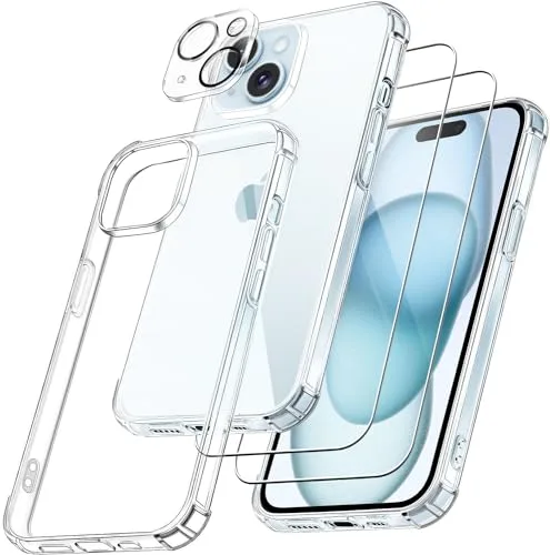 FLLAO 4 en 1 Funda para iPhone 15 con 2 Protector Pantalla y 1 Protector Lente Cámara, [Almohadilla de Aire integrada] Antigolpes Antiarañazos Carcasa 6,1 Pulgadas, Transparente
