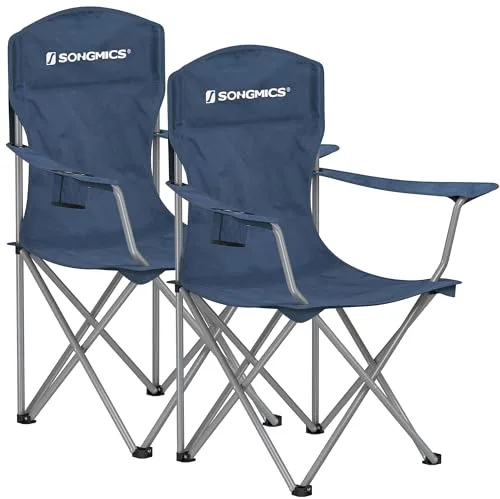 SONGMICS GCB008Q02 - Juego de 2 sillas Plegables para Exteriores, Respaldo Alto, reposabrazos, Soporte para Bebidas, Plegable, soporta hasta 150 kg, para Camping, jardín, terraza, Color Azul Oscuro