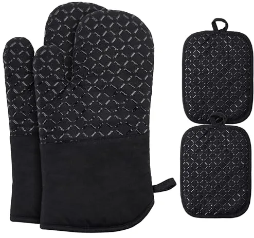 Ankway Juego de 4 manoplas para horno, guantes de cocina, guantes de cocina resistentes al calor y antideslizantes, algodón suave, guantes de cocina de silicona de grosor largo y flexible (agarraderas