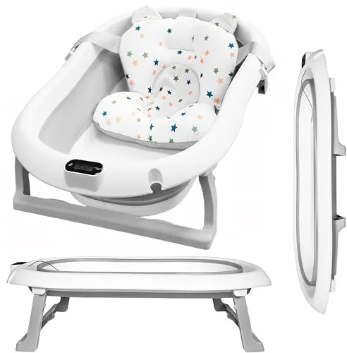 ALMAR Baby Bañera Plegable Bebé hasta 24 meses Gris con Termómetro Cojín Asiento Reductor para Recien Nacido con Patas Antideslizante Indicador de Temperatura Compacta