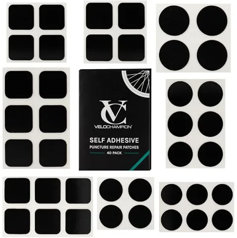 VeloChampion Kit de Reparación de Pinchazos | Parches Autoadhesivos para Neumáticos de Bici para Carretera, MTB, BMX, Ebike | Paquete de 6,10 o 40 + Palancas (40pk Parches)