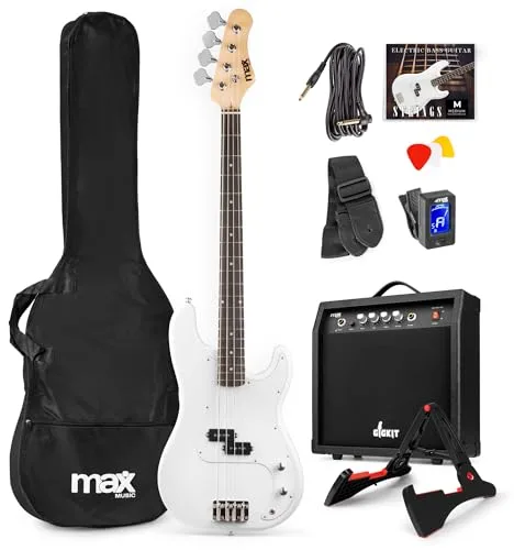Max GigKit - Pack completo de bajo eléctrico Blanco con amplificador de 40W, soporte, funda, afinador, cuerdas y cable, ideal para principiantes y práctica en casa o estudio
