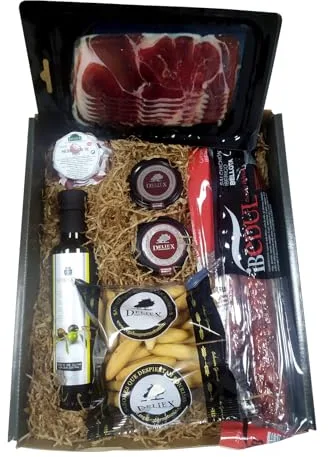 Deliex. Cesta gourmet regalo con aceite La Chinata, jamón, lote de ibéricos, patés, picos ...Regalos originales para hombres y mujeres. (Cesta sin queso)