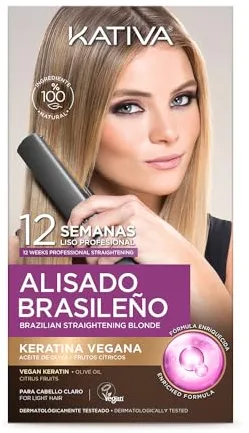 Kativa Kit Alisado Brasileño para Cabello Rubio Teñido o con mechas - Nueva fórmula con Keratina Vegana - Tratamiento Alisado Profesional en Casa - Hasta 12 Semanas de duración - Fácil de aplicar