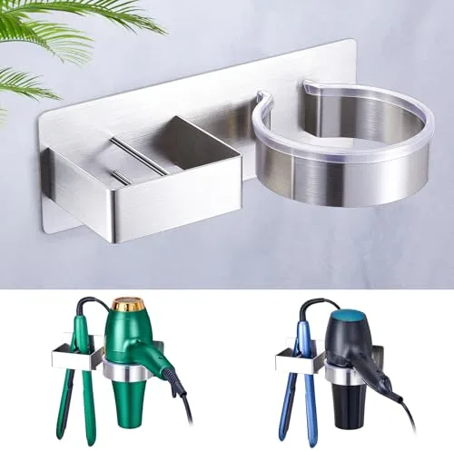 WAYASI Soporte Secador De Pelo, Soporte para Secador De Pelo De Pared Sin Taladrar, Soporte para Secador De Pelo y Plancha De Pelo Autoadhesivo, Soporte Plancha Pelo De (Plata)