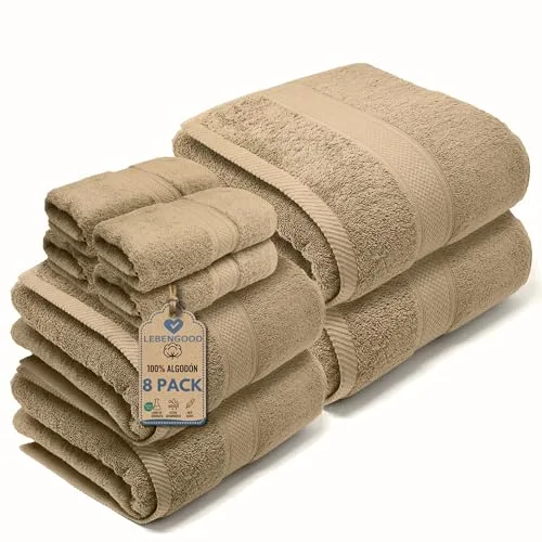 LEBENGOOD Juego de Toallas Baño Completo 100% Algodón Premium 550gsm | 4 Toallas Tocador (30x30), 2 Toallas Lavabo (50x90), 2 Toallas Ducha (70x140) | Suaves, Absorbentes y Resistentes (Pack 8 Arena)