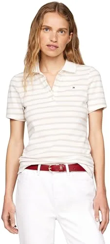 Tommy Hilfiger Polo de Manga Corta Mujer Stripe Slim Fit, Blanco (Breton STP/Ecru/Classic Beige), XS