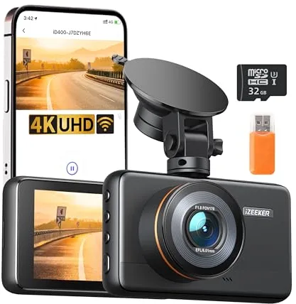 iZEEKER Dashcam 4K, WiFi Cámara de Salpicadero 2160P para Coches, Dash CAM Coche con App, Visión Nocturna, WDR, Grabación en Bucle, Monitor de Aparcamiento, Sensor G, Tarjeta MicroSD de 32 GB