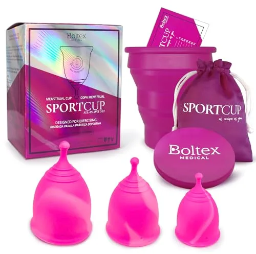 Copa Menstrual SPORT CUP ALL-IN-ONE SET de BOLTEX MEDICAL. Diseñada para MUJERES ACTIVAS. Incluye Vaso Esterilizador, 3 Copas Menstruales SPORT CUP: Talla S, Talla M, Talla L y Bolsa de Guardado