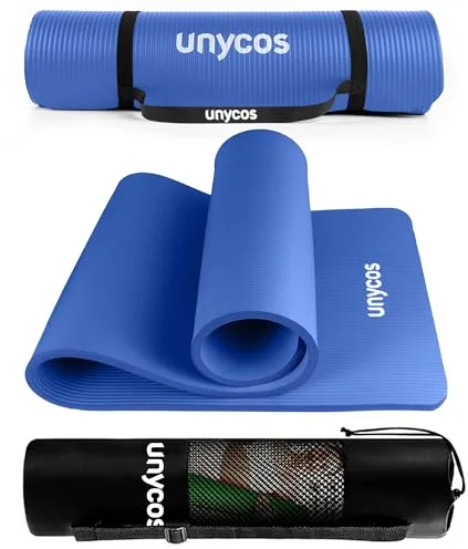 unycos - Esterilla de Deporte, Yoga, Pilates y Fitness | Gruesa (15 mm) y Antideslizante【con E-Book】Correa y Bolsa de Transporte | Colchoneta NBR para Gimnasio en Casa | 183x60 cm (Azul)