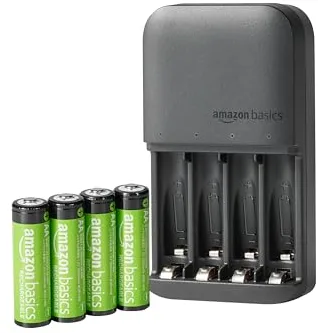Amazon Basics pilas recargables NiMH con cargador de pilas de 4 ranuras, enchufe de la UE, Paquete de 4 AA 2000mAh, Negro
