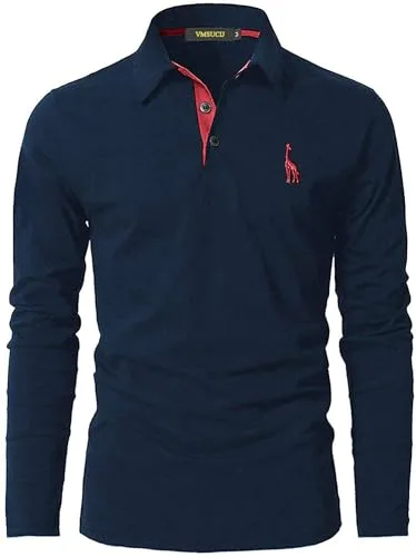 VMSUCIJ Polo Manga Larga Hombre Algodón Jirafa Bordado Shirt Clásico Golf Tenis Camiseta con Bolsillo,09-azul2,L