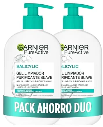 Garnier Pure Active Pack x2 Gel limpiador Purificante con Ácido Hialurónico, Ceramida y Arcilla, Elimina Impurezas, Grasa y Maquillaje, 2 x 250ml