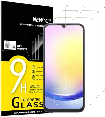 NEW'C 3 Piezas, Protector Pantalla para Samsung Galaxy A25 5G, M34 5G, Cristal templado Antiarañazos, Antihuellas, Sin Burbujas, Dureza 9H, 0.33 mm Ultra Transparente, Ultra Resistente