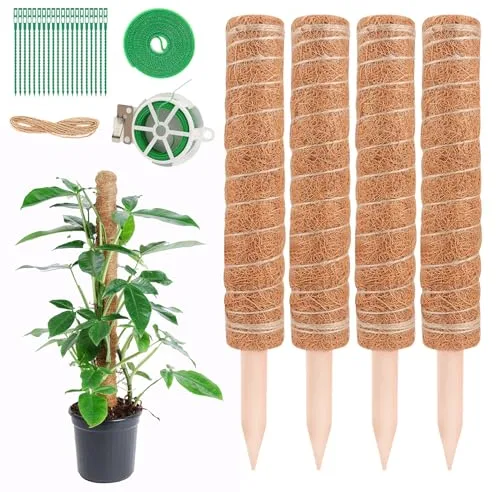 NVIYAM 4 Piezas 40CM Bastón Tótem de Coco Tutores Plantas Palo de Tutor Monstera de Musgo Soporte de Plantas Postes de Musgo de Malla Apilables para Plantas Trepadoras Fibra de Coco Soporte