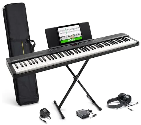 Alesis Teclado Piano con 88 Teclas y 480 Sonidos, Altavoces, MIDI USB, Estuche, Soporte, Auriculares, Pedal y Lecciones de Piano Incluidas