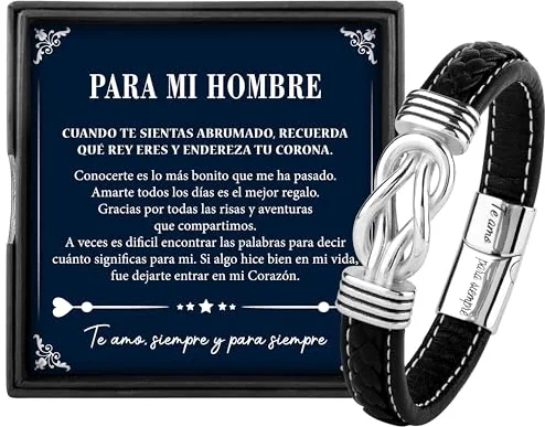 Rebundex Regalos Originales para Hombre Pulsera Cuero Plata San Valentin Regalos Hombre, Marido Novio Pareja Aniversario Navidad San Valentin Cumpleaños