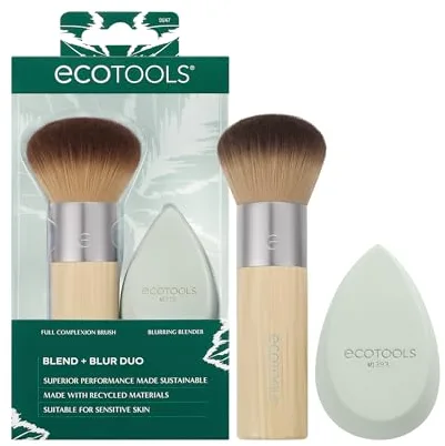 ECOTOOLS Blend + Blur Makeup Brush and Sponge Duo, Makeup Blending Sponge & Foundation Brush, For Liquid & Cream Products, Cloud Skin, Eco Friendly, Latex-Free, Cruelty Free, & Vegan, 2 Count