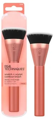 Real Techniques Brocha de maquillaje Snatch Sculpt Contour, para contorno líquido y crema y bronceador, parte superior plana y cabezal ovalado para mezclar y pulir, 1 unidad