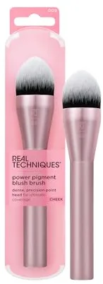 Real Techniques Brocha de maquillaje Power Pigment Blush, brocha para mejillas para colorete líquido y crema, cerdas densas y sintéticas, forma puntiaguda única para una aplicación precisa, 1 unidad