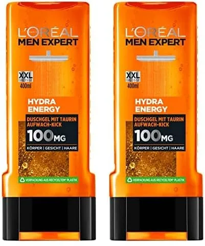 L'Oréal Men Expert Gel de ducha XXL y champú para hombres, para limpieza corporal, cabello y cara, cuidado corporal para hombre para una frescura duradera con taurina, Hydra Energy, 1 x 400 ml