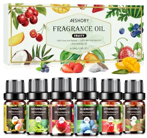AESHORY Frutas Aceites Esenciales para Humidificador Difusor 6 x 10ML, Aceite Aromático de Afrutado Naturales, Set de Aceites Esenciales Aromaterapia - Fresa, Arándano, Cereza, Coco, Sandía, Mango