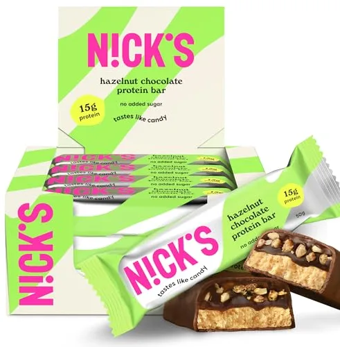 NICKS Barritas de Proteínas de Avellana, baja en carbohidratos, 15g de proteínas, 209 calorías, low carb, ceto barras proteicas, sin azúcar añadido, sin gluten (12 keto protein bars x 50g)