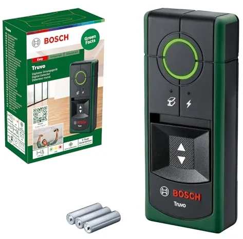 Bosch Detector Truvo 2.ª gen. (manejo sencillo con un solo botón, detección fácil de cables con tensión y detector de metales en la pared hasta 70 mm, en caja)