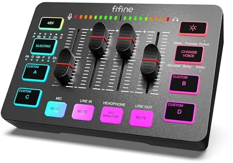 FIFINE Mezclador de Audio, RGB Streaming Gaming Audio Mixer PC con Interfaz de XLR, Gaming Audio Mixer con Control Individual, Control de Volumen, Botón de Silencio, Alimentación Phantom de 48V