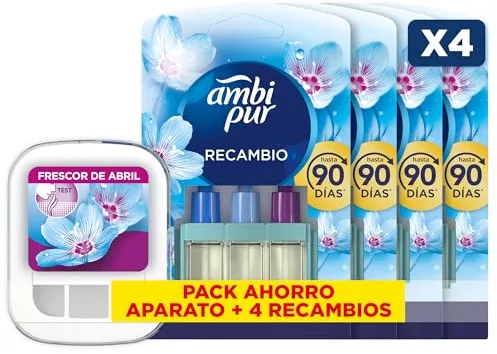 Ambipur 3VOLUTION Ambientador Casa, Aparato Electrico + 4 recambios Aroma Frescor Primavera 80 ml, 3 Fragancias Que Se Alternan Para Combatir Los Olores