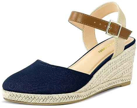 PIZZ ANNU Sandalias Mujer Verano Alpargatas con Cuñas de Esparto y Punta Cerrada Plataforma Espadrilles Zapatos Tacón Novia Boda Elegantes Marina EU 38
