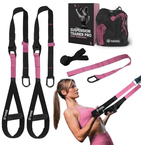 THYSOL Correas de entrenamiento en suspensión Xtreme Straps | Set con Anclaje Ajustable | Fitness en Casa - Adecuado para Viajar y Entrenar en Interiores y Exteriores (Rosa)