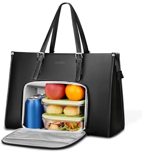 MATEIN Bolso Portatil Mujer con Compartimento Aislante para el Almuerzo, Bolsos para Universitarias para 15.6 Portatil Lunch Bag Cuero PU Impermeable Bolsa Shopper Grande Uso Diario Trabajo, Negro