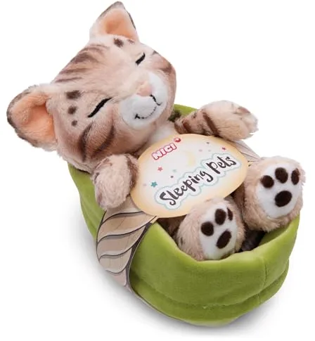 NICI peluche gato Bengala 12cm, durmiendo en la cesta - Peluche para abrazar y amar - Producido sosteniblemente a partir de materiales reciclados - 49747