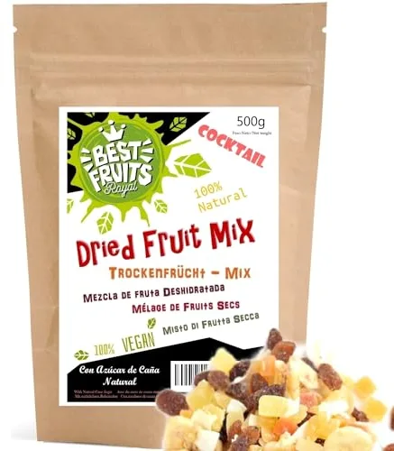 Fruta Deshidratada - MIX 9 papaya banana piña pomelo coco melón kiwi mango y manzana 500g – Ideal para Pasteles Cocteles o Snack – Con Azúcar de caña Natural - Vegana
