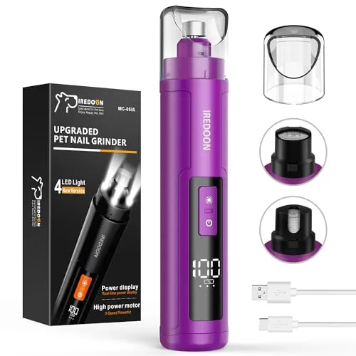 IREDOON Lima Uñas Perro Actualizado - Lima De Uñas Eléctrica De 3 Velocidades Perros con 4 Luces LED, Ultra Silencioso, Recargable Cortauñas De Mascotas para Perros Grandes, Medianos y Pequeños