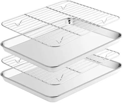 Fire More Juego de Bandeja para horno acero inoxidable con rejilla de enfriamiento,(2 bandejas para hornear, 2 rejillas de enfriamiento),no tóxicas,acabado espejado(31,5x24,5x2,5cm）