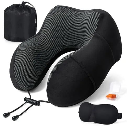 SOMLAW Almohada de Viaje para Cuello, Cojin Cuello Viaje de Espuma Viscoelástica Ideal para Avión, Tren y Coche, Cojin Cervical Viaje, Almohada Cervical Viaje con Antifaz, Tapones y Bolsa