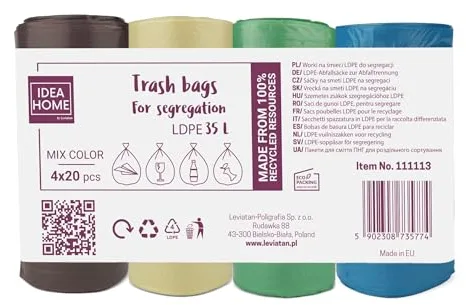 D.RECT Bolsas de Basura de Plástico 35L, 80 Unidades - Sacos de Basura para Reciclar, 4 Colores