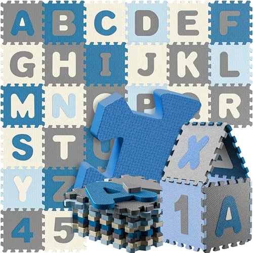 Spielwerk® Alfombra Puzzle XXL Bebé Niños 86 Piezas Letras Números 3,3m² Juego Infantil Gomaespuma Azul