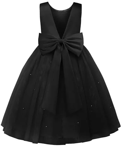 JerrisApparel Vestido Niña Flores Elegante Ceremonia Boda Fiesta Cumpleaños (6-7 años/Etiqueta 130, Negro)