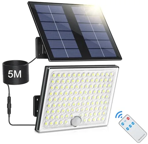 Luz Solar con Sensor de Movimiento, Foco Exterior con Control Remoto, 2000mAh 3 Modos IP65 Impermeable, Luces Led para Jardín, Lámpara con Cable de 5M, 1 Pieza