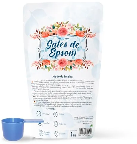 Plantawa Sales de Epsom 1KG | Sal de Baño Concentrado de Magnesio Puro | Sales 100% Naturales para Baño Relajante y Mejora el Sueño. Sales para Pieles Sensibles y Piel Atopica. Relajación Muscular