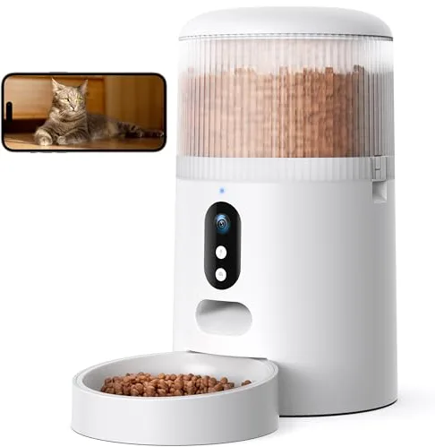 Faroro Comedero Gato Automatico WiFi, 3MP HD Cámara con Visión Nocturna, 4L Alimentador para Perros/Gatos con Audio Bidireccional, App Control, Detección de Movimiento y Fuente de Alimentación Dual