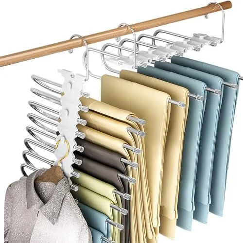 Baxcdyswe 2 Piezas Perchas para Pantalones 9 en 1, Perchas Pantalones Ahorra Espacio, Plegables Acero Inoxidable Pantalon, Pantalonero Multiple Armario Porta Pantaloni, Multi - Functional Pants Rack