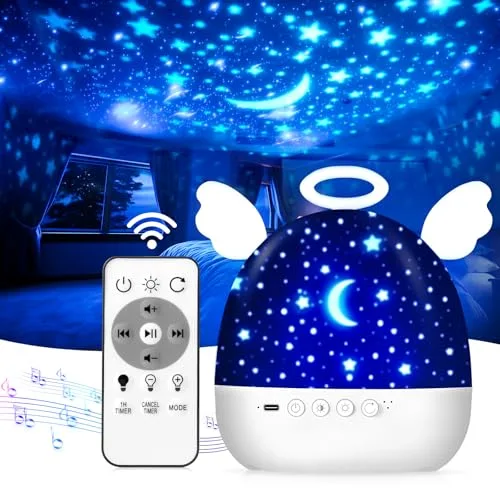 Proyector Estrellas Infantil, 22 Temas Luz Nocturna Infantil, 360° Rotació Proyector Bebes Luces y Musica, con Control Remoto y Temporizador, Recargable Luz Quitamiedos Infantil (Angel)