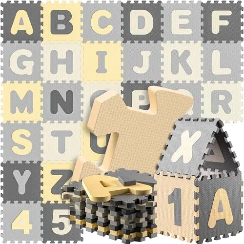 Spielwerk® Alfombra Puzzle XXL Bebé Niños 86 Piezas Letras Números 3,3m² Juego Infantil Gomaespuma Gris