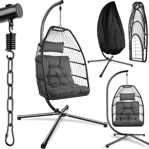 tectake® Columpio Jardín Exterior, Silla Colgante con Cojín Extragrueso, Sillón Balancín con Estructura de Acero y 4 Pies en Base, Hamaca Colgante Interior/Exterior, Plegable, Capacidad 160Kg - Gris